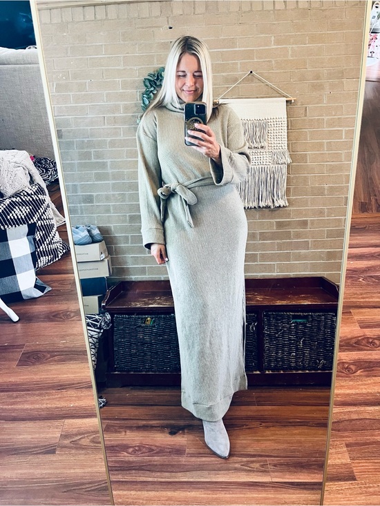 Dear Scarlett Dresses & Skirts - Turtleneck Belted Maxi Dress in Neutral Beige